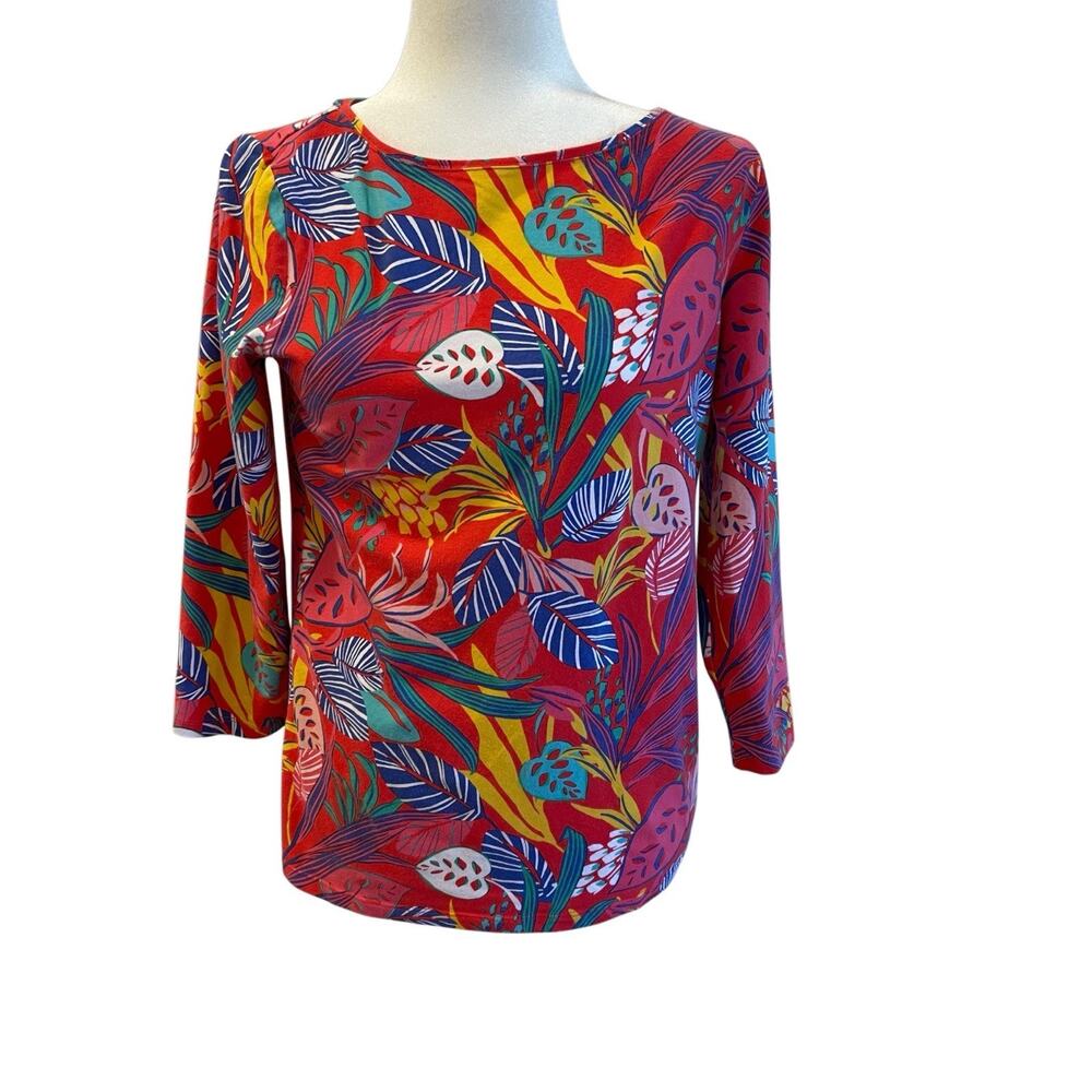 Talbots Tropical Floral Boat Neck 3/4 Sleeve Stretch Knit Blouse Size S